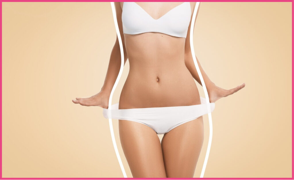 A fit woman stands confidently, showcasing her toned physique. A subtle line divides the image, symbolizing her transformation before and after a CoolSculpting session. Her figure exudes vitality and strength, reflecting the results of her personalized body contouring journey