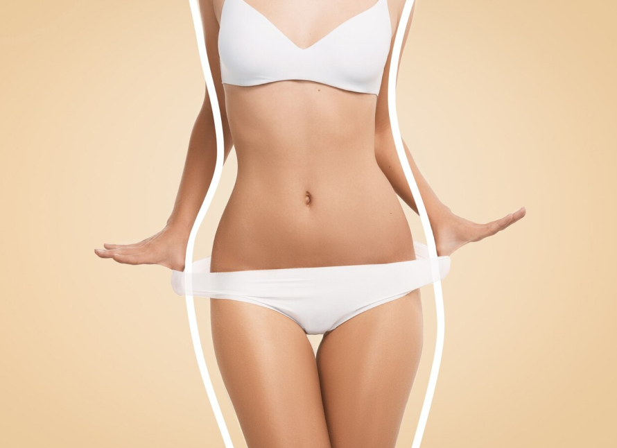 A radiant woman, embodying strength and grace, stands tall with a serene expression. A subtle line subtly divides the image, illustrating her journey before and after a CoolSculpting session.
