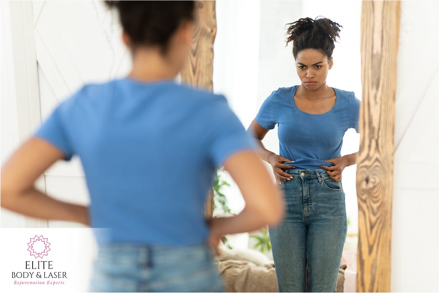 woman mirror check