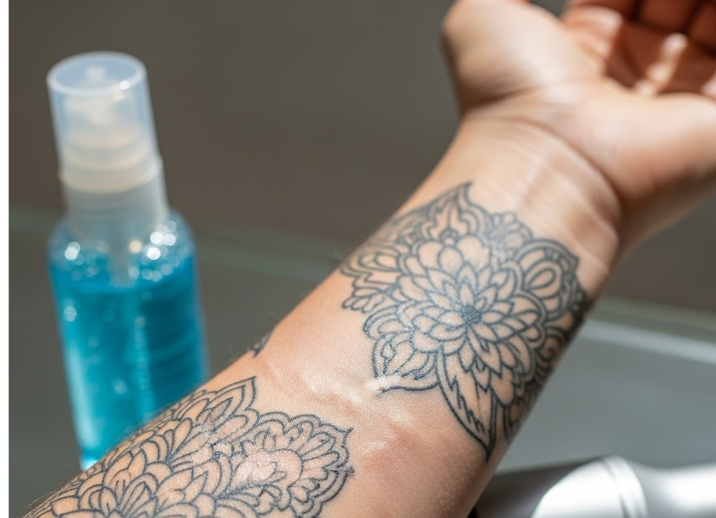 Close-up of a tattooed forearm with signs of irritation and scabbing, possibly from a healing reaction, with a bottle of blue antiseptic and laser device nearby.