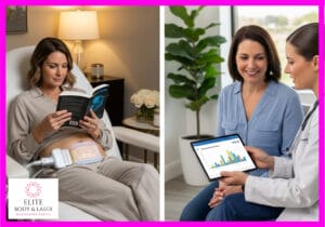 Side-by-side image showing a woman relaxing with a book during a non-invasive body contouring treatment, and a medical consultation reviewing progress on a tablet.