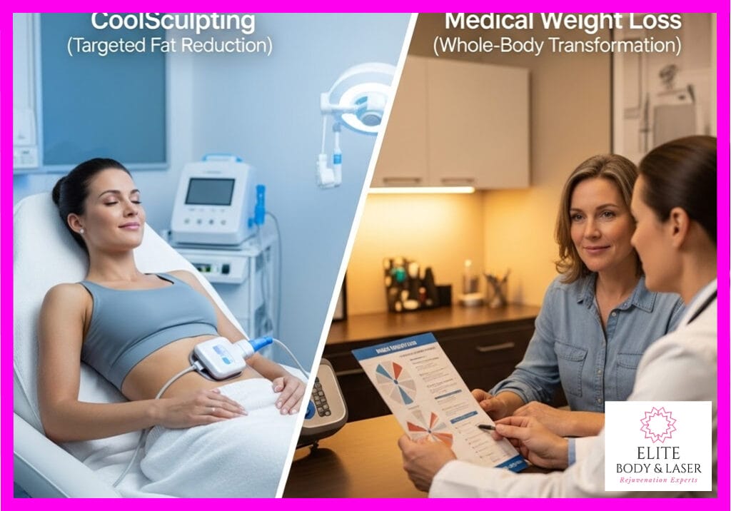 Split-screen image showing a woman receiving CoolSculpting for targeted fat reduction on the left, and a medical consultation for whole-body transformation on the right.
